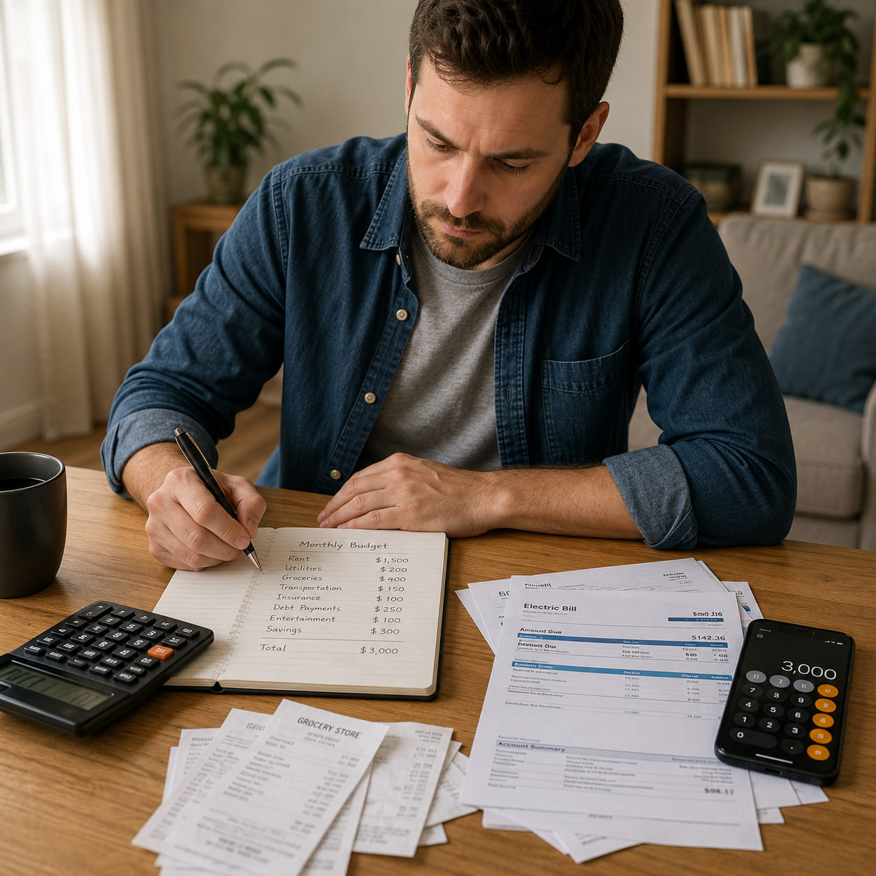 Hombre organizando sus finanzas personales y revisando sus gastos